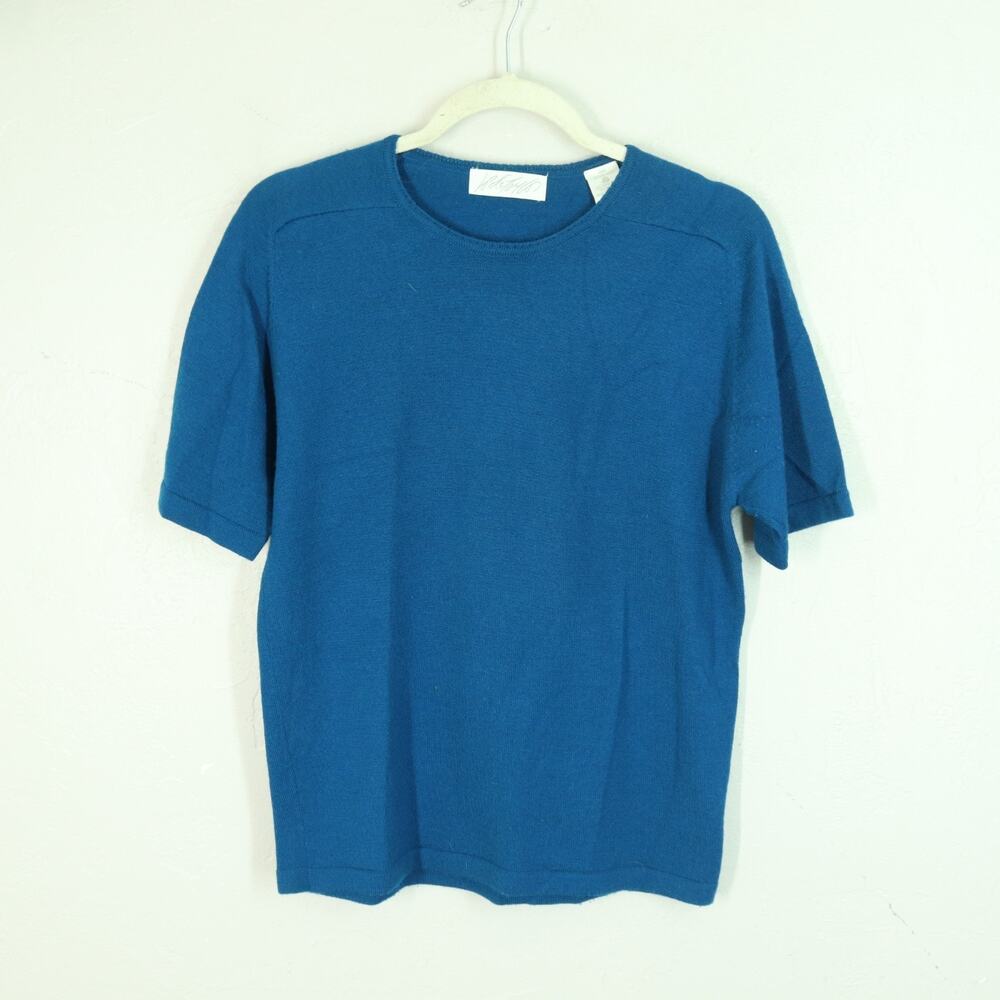 Vintage Lord Taylor Knit Top Women S Teal Blue Wool Short Sleeve Pullover Crew